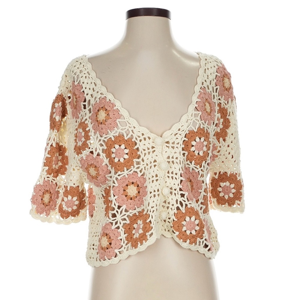 Louise Misha Crochet Floral Openwork  Cardigan - Cream with Pink & Brown Accents